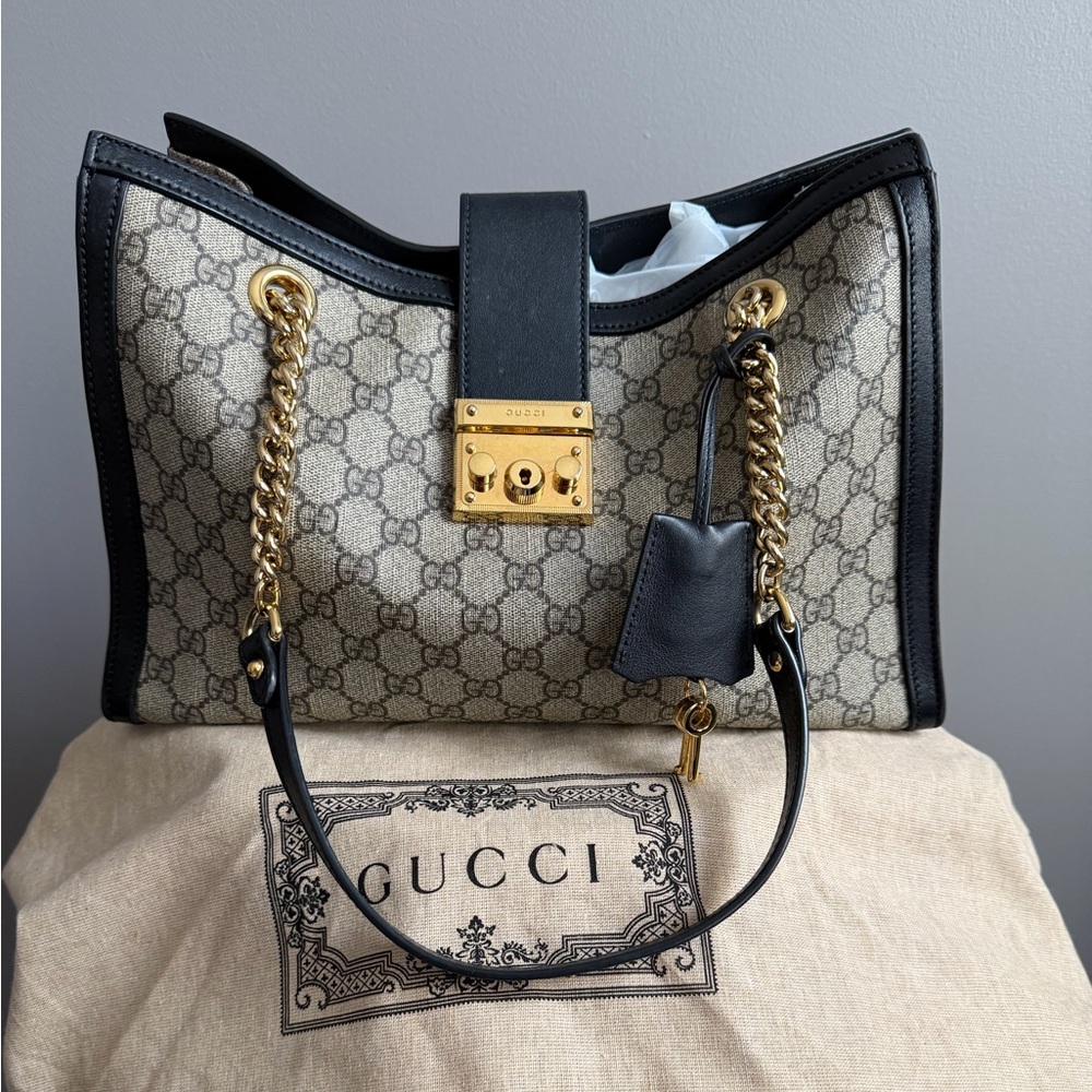 Gucci Black and Gold hardware Monogram Shoulder Bag with key